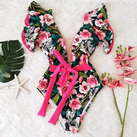 Floral Sexy Ruffle V-Neck Belt Monokini Bathing Suits Push Up String Beach Wear