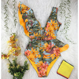 Floral Sexy Ruffle V-Neck Belt Monokini Bathing Suits Push Up String Beach Wear