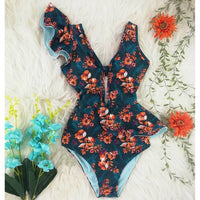 Floral Sexy Ruffle V-Neck Belt Monokini Bathing Suits Push Up String Beach Wear