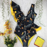 Floral Sexy Ruffle V-Neck Belt Monokini Bathing Suits Push Up String Beach Wear