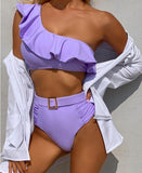 2021 New Summer Women's Ruffle One-shoulder Bikini Set Split High Waist Swimsuit
